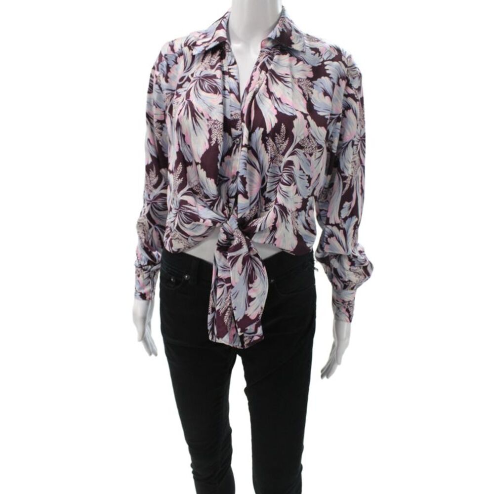 Cinq A Sept Women Floral Silk Blend Button Up Long Sleeve Blouse Size 2XS